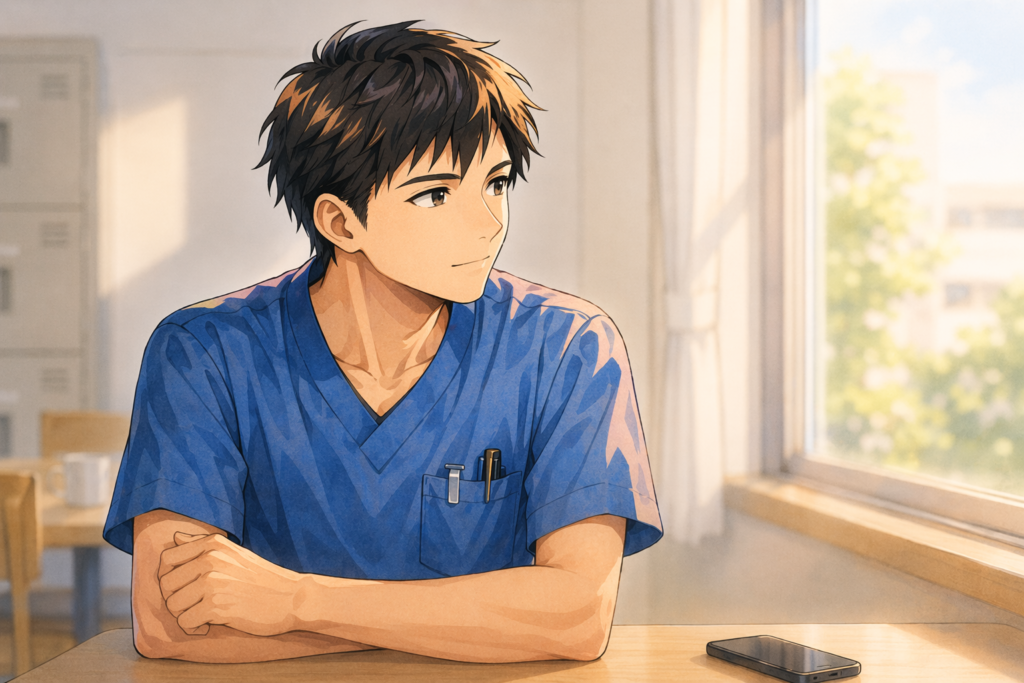 病院の休憩室で窓の外を見ながら考え事をしている男性看護師