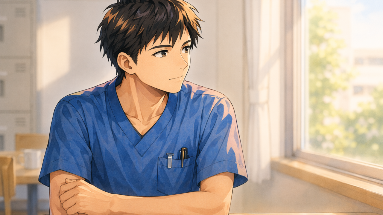 病院の休憩室で窓の外を見ながら考え事をしている男性看護師