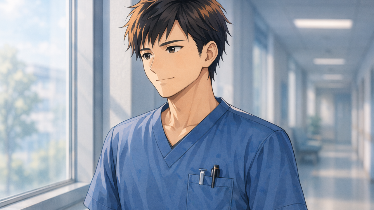 病院の窓際に立つ男性看護師