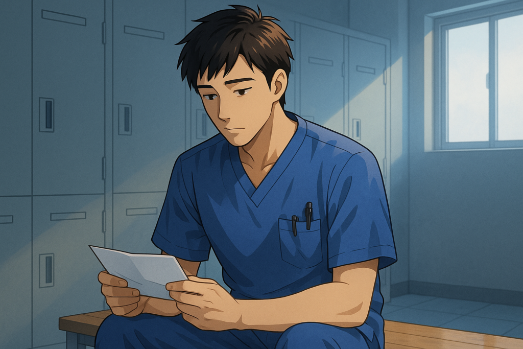 ロッカールームで給与明細を静かに眺める男性看護師のイラスト