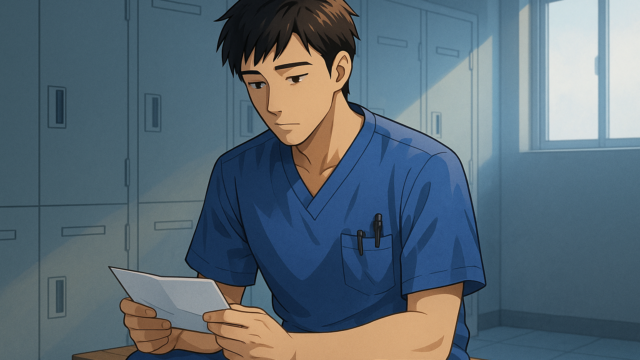 ロッカールームで給与明細を静かに眺める男性看護師のイラスト