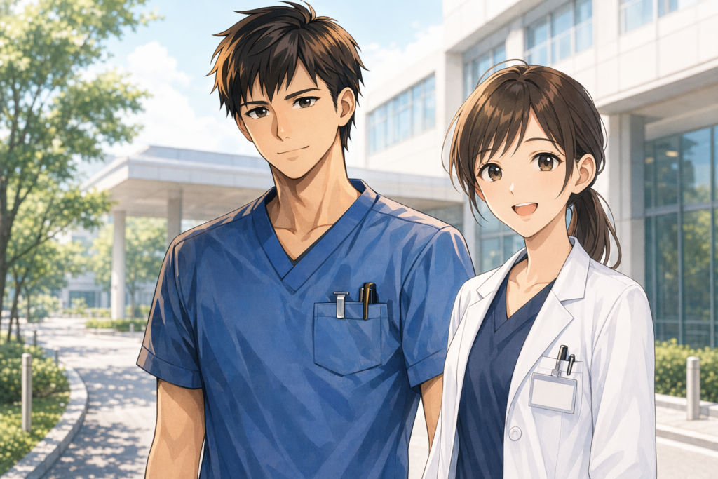 前向きに歩く20代の看護師のイラスト