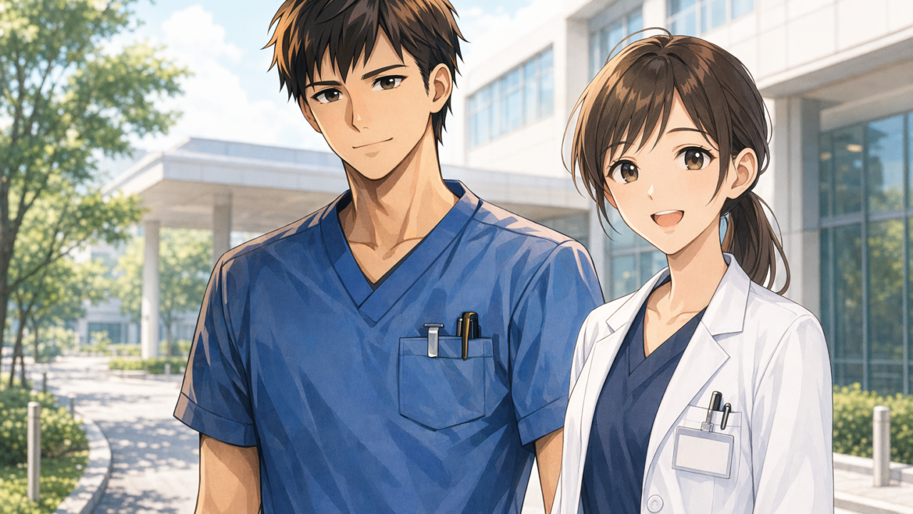 前向きに歩く20代の看護師のイラスト