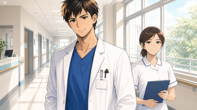 新しい職場で前を向く30代の看護師のイラスト