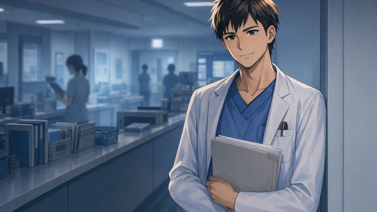 ナースステーションの隅で一人座る看護師のイラスト