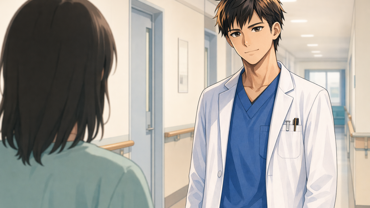 精神科病棟の廊下で患者と向き合う看護師のイラスト