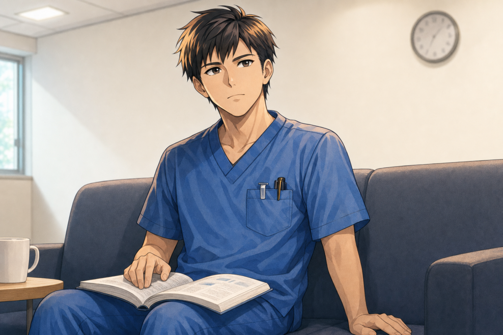 休憩室のソファで参考書を膝に開いたまま考え込んでいる男性看護師