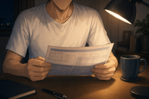 夜の自宅デスクで給与明細を見ている手元