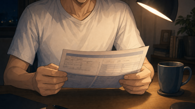 夜の自宅デスクで給与明細を見ている手元