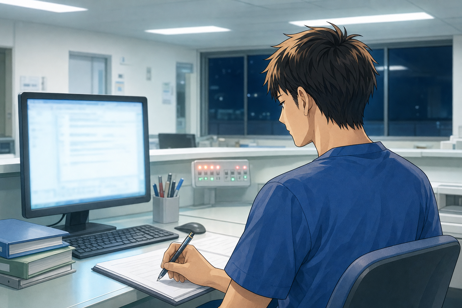 病棟の廊下を一人歩く看護師。背中に疲労と孤独が漂う