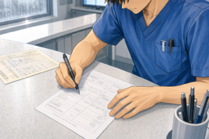 病棟のベッドサイドで患者のそばに立つ看護師のイラスト